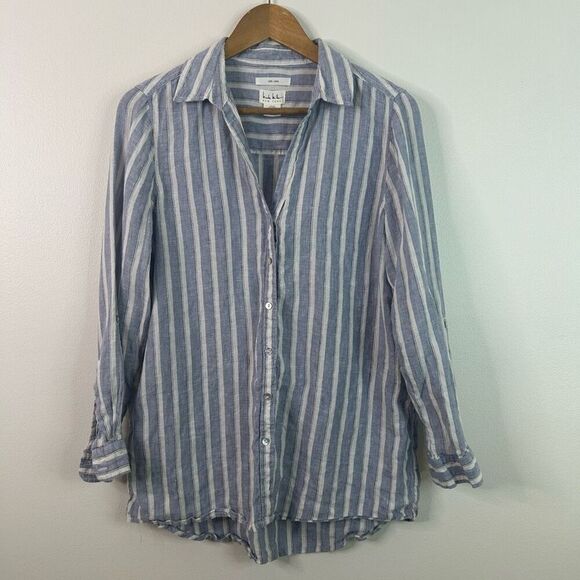 Nicole Miller 100% Linen Button Down Shirt M Blue White Stripe Roll Tab Sleeves - Picture 1 of 11